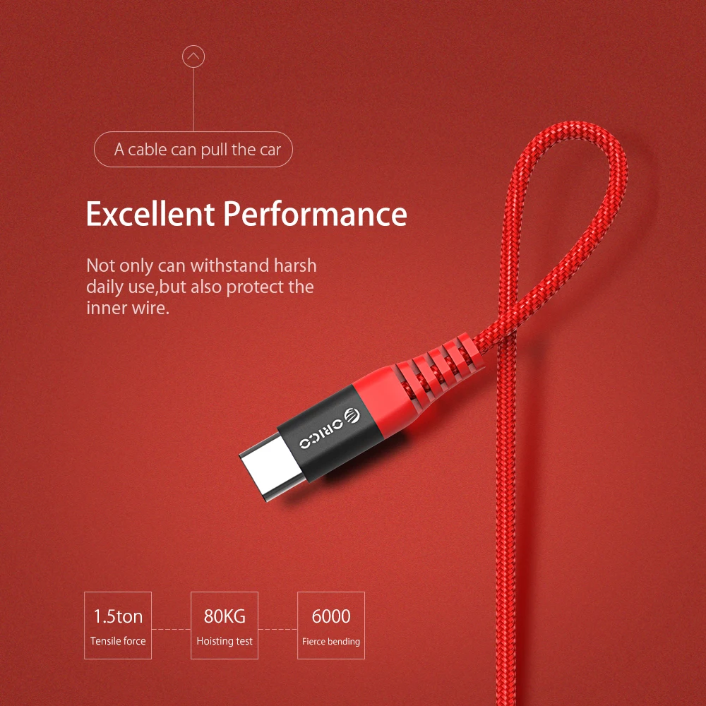 Кабель ORICO type-C-USB-A, 1 м/3 фута, зарядный шнур, USB-C, кабель для синхронизации данных, макс. 3 А, для смартфона, планшета, материя, черный/красный
