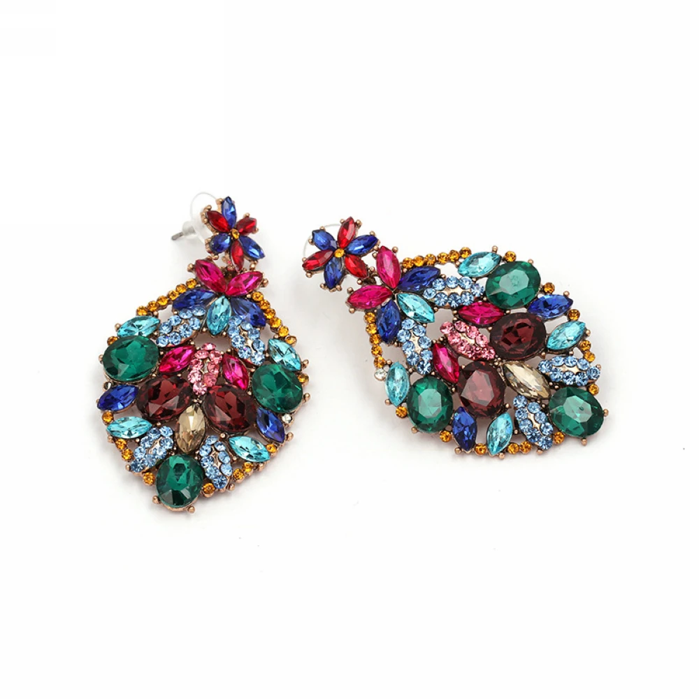 E0185 Large Colorful Glass Crystal Stone Pendant Earrings |