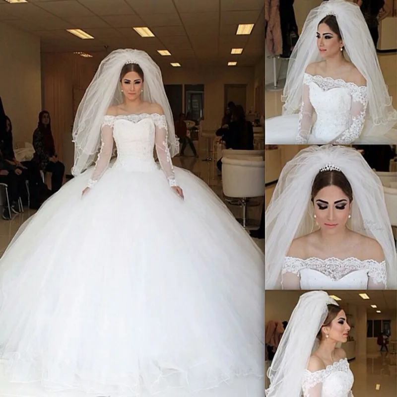 

Arabic ball gown Wedding dresses Boat Neck Long Sleeve Lace Princess Wedding Dress 2020 wedding gown bridal gown