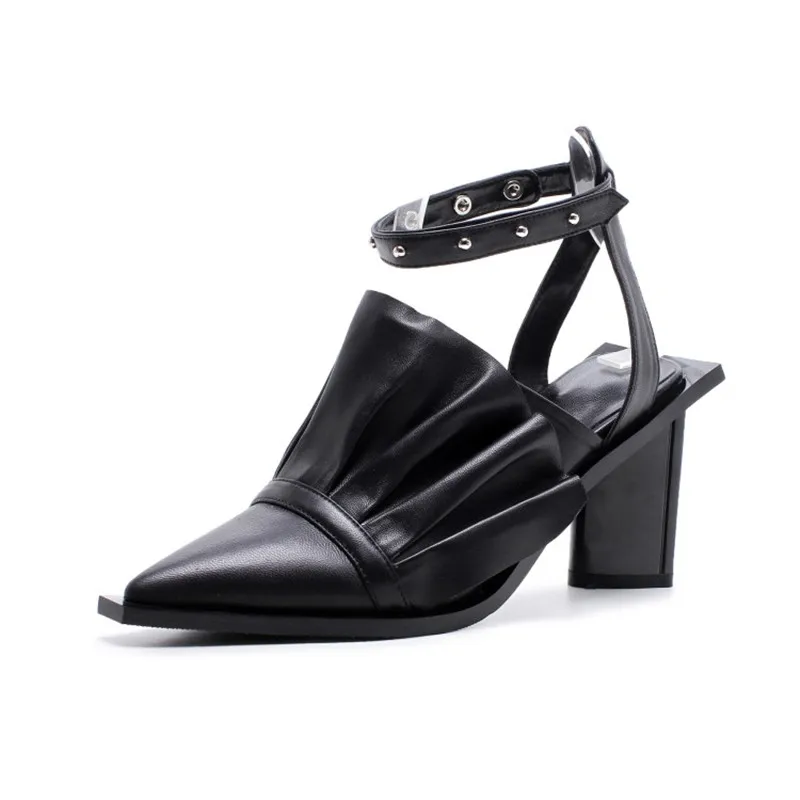 Summer genuine leather dress Sandals women square high Heels ruffles flowers bowties rivets pumps party shoes sapato feminino