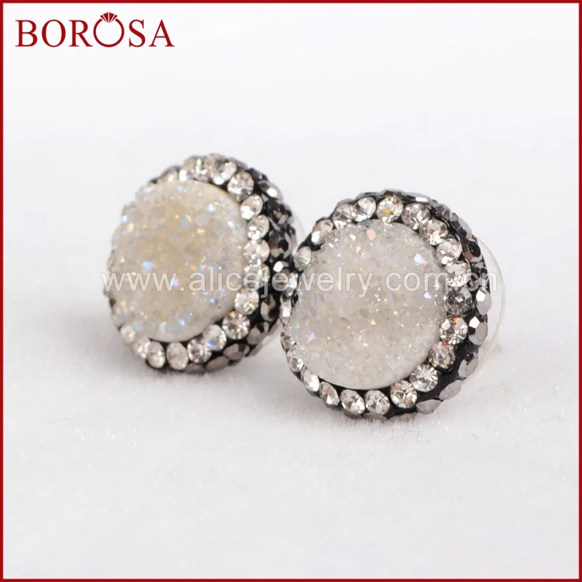 BOROSA Natural Crystal Druzy Studs Earrings Geniue Drusy Paved CZ Stud Earring Crystal Drusy Earrings For women JAB206