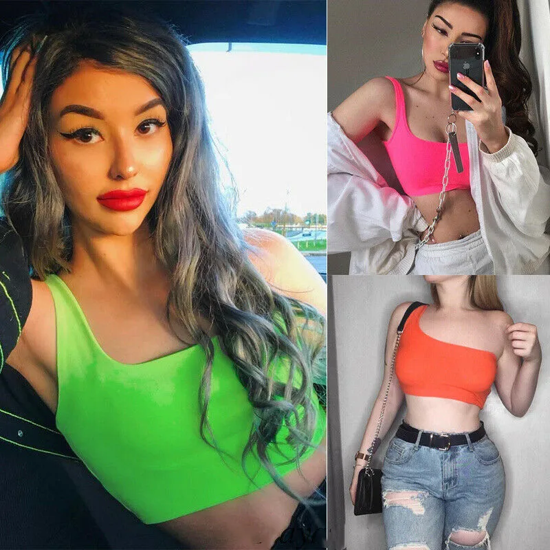Womens Neon Crop Top Summer Sexy One Shoulder Tank Top Party Club Streetwear Fashion Camisole Ladies Vest Tee Clothes NEW