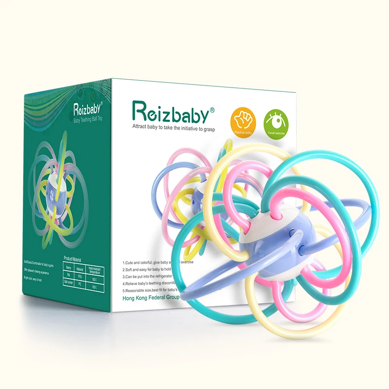 REIZBABY High Quality Baby Teething Toys TPU PC Rainbow Kid Boys Girls Toy Rattles Ring Infant Toddler Teethers Ball Pacifier | Мать и