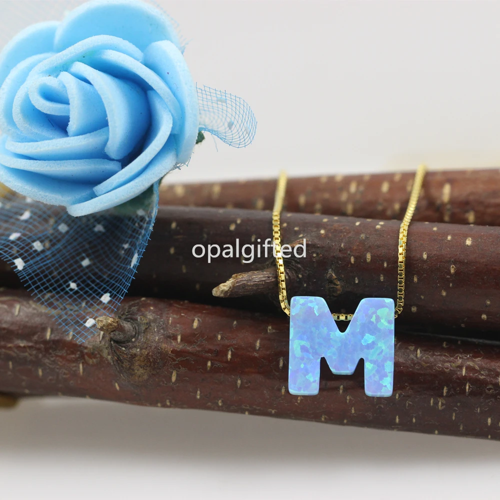 (1pc/lot)Free Shipping 10.8*10mm OP06 Fire Blue Synthetic letter M opal with 925 Silver box chain Fashion necklace | Украшения и