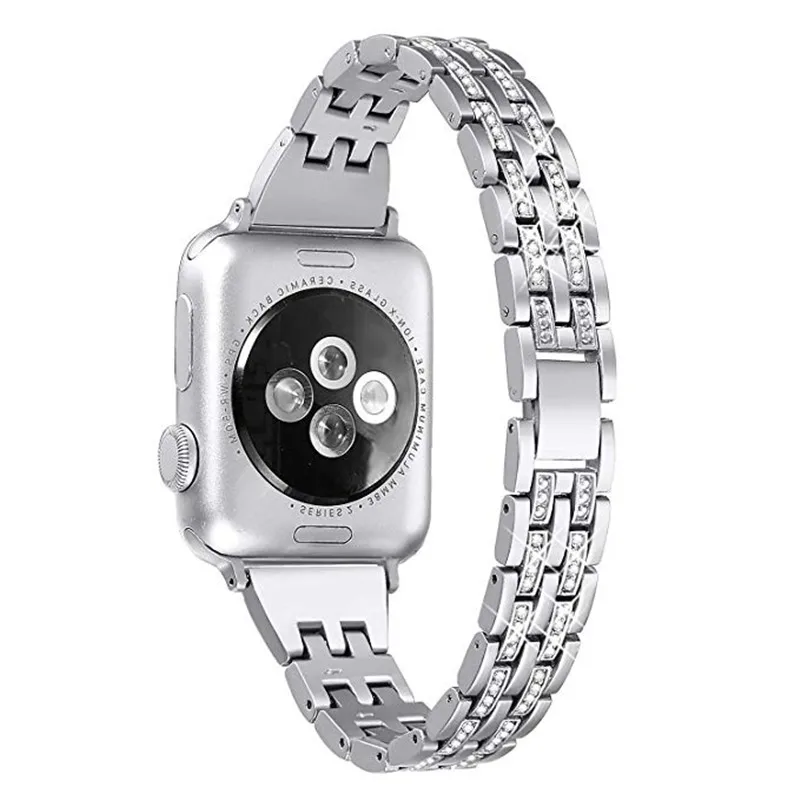 С блестками для девочек; мини-юбка для наручных часов Apple Watch 38 мм 40 мм 44 мм 40 мм наручных часов iWatch серии 5/4/3/2/1 ошейник украшенный фальшивыми алмазами, металлические ювелирные изделия, браслет на запястье - Цвет ремешка: Silver