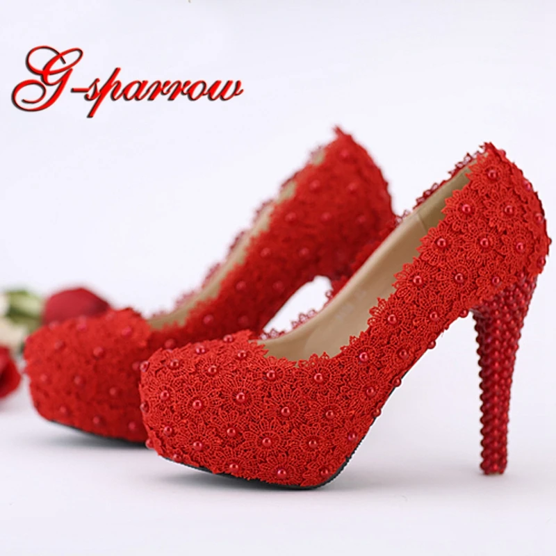 Hot Selling Wedding Shoes Red Lace Flower Platform Bridal Formal Dress Shoes Women Pumps Birthday Party Dance High Heels