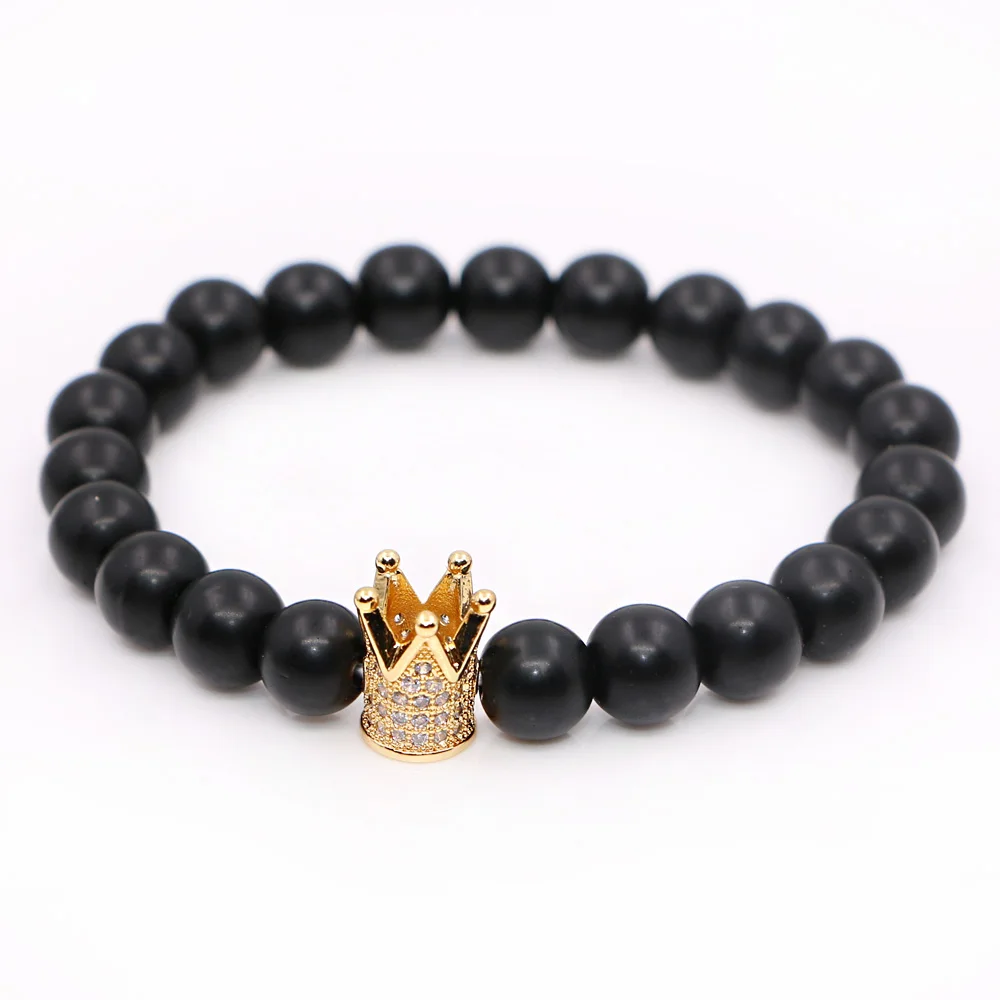 Микро проложить черный CZ циркония Золотой Король браслет с шармом короной