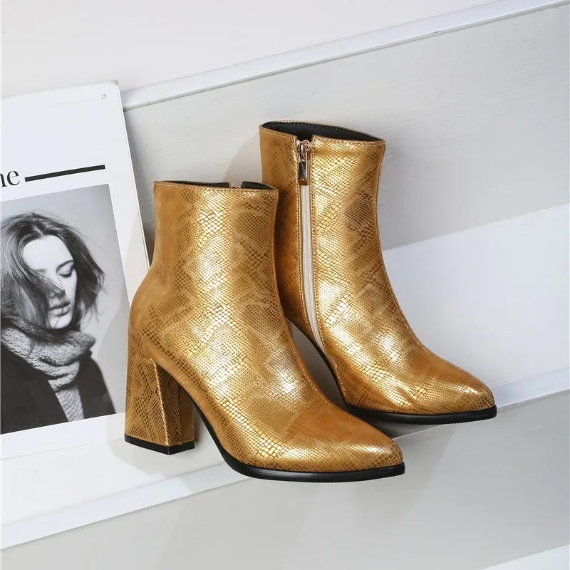 Snake Ankle Boots Women Autumn Winter Lady High Heels A275 Fashion Woman Gold Silver Brown Red Buckle Zipper Pointed Toe Shoes