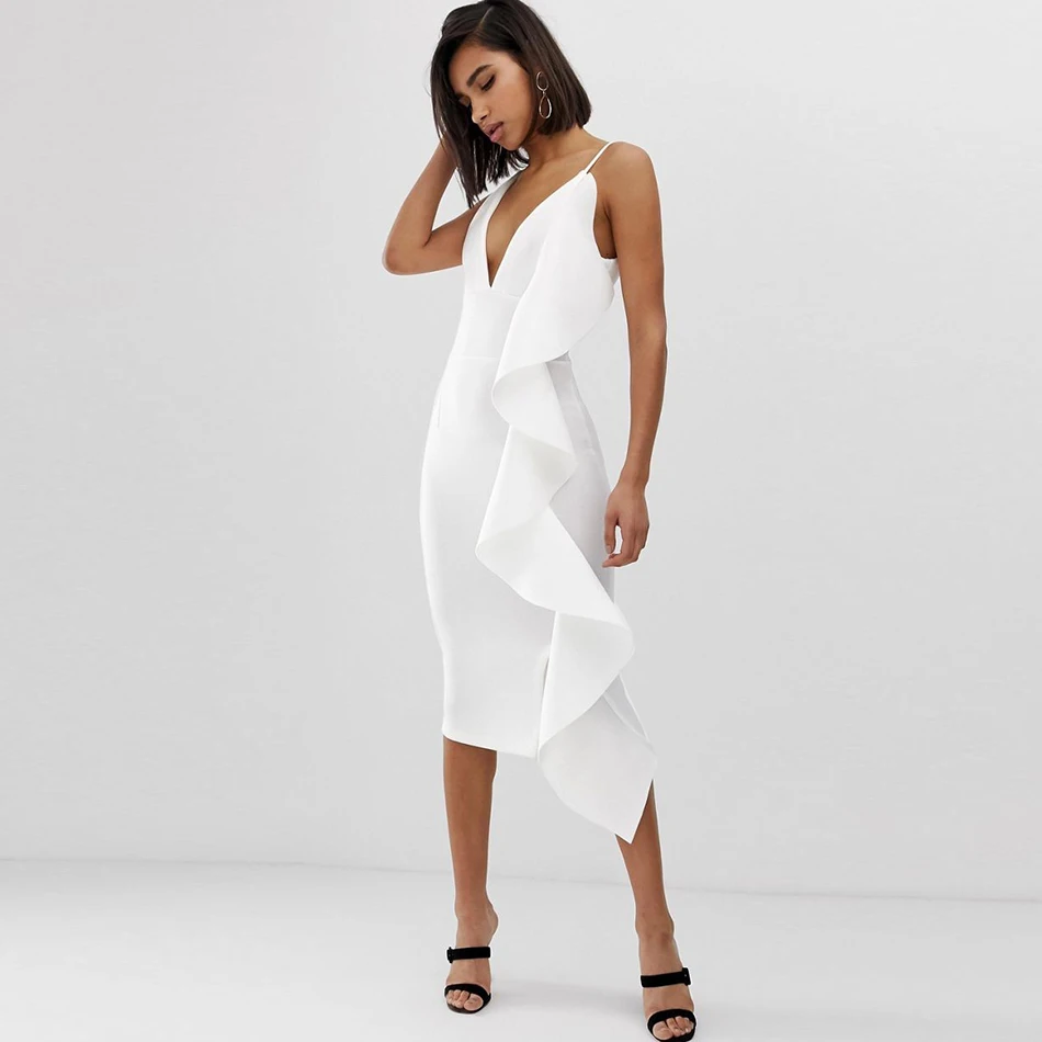 Новое летнее женское вечернее платье знаменитостей vestidos Verano сексуальное платье без рукавов с оборками розовое Белое Облегающее Клубное платье