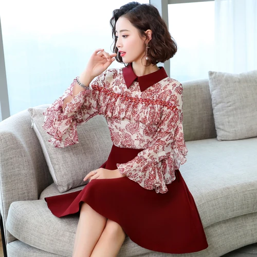 Женский шифоновый комплект с высокой талией и воротником Питер Пэн свободный из 2