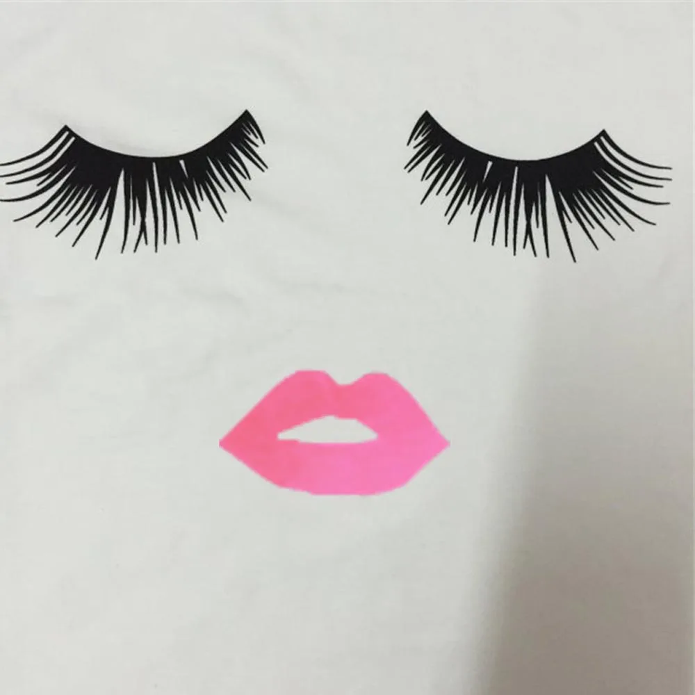 New Arrival Women Fashion Summer T Shirt Tops Casual O Neck Short Sleeve Eyelash Red Lips Print Tee Female EF6220 | Женская одежда