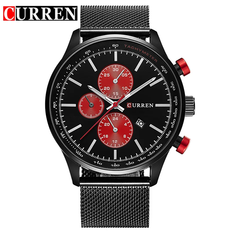Black Red CURREN Мужские кварцевые часы модные повседневные стальные спортивные деловые мужские часы relojes кварцевые часы Relogio Masculino 8227 - Цвет: Black Red