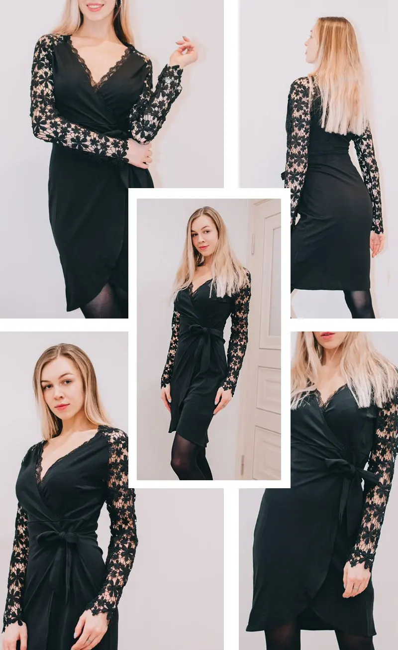 Sheinside, черное кружевное платье с v-образным вырезом, женское летнее платье для вечеринки, сексуальные женские платья, женская одежда, элегантное платье с длинным рукавом