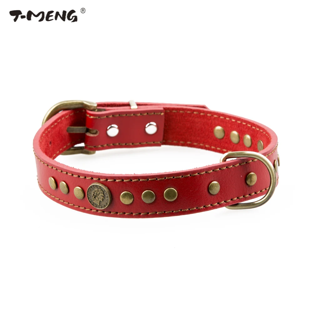 T-MENG брендовый ошейник для собак из натуральной кожи в ретро стиле с заклепками