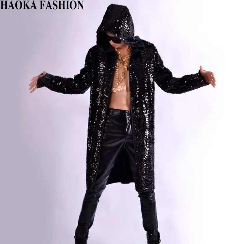 Европа и США большой размер черный длинный плащ для ночного клуба Dj хип-хоп Рок