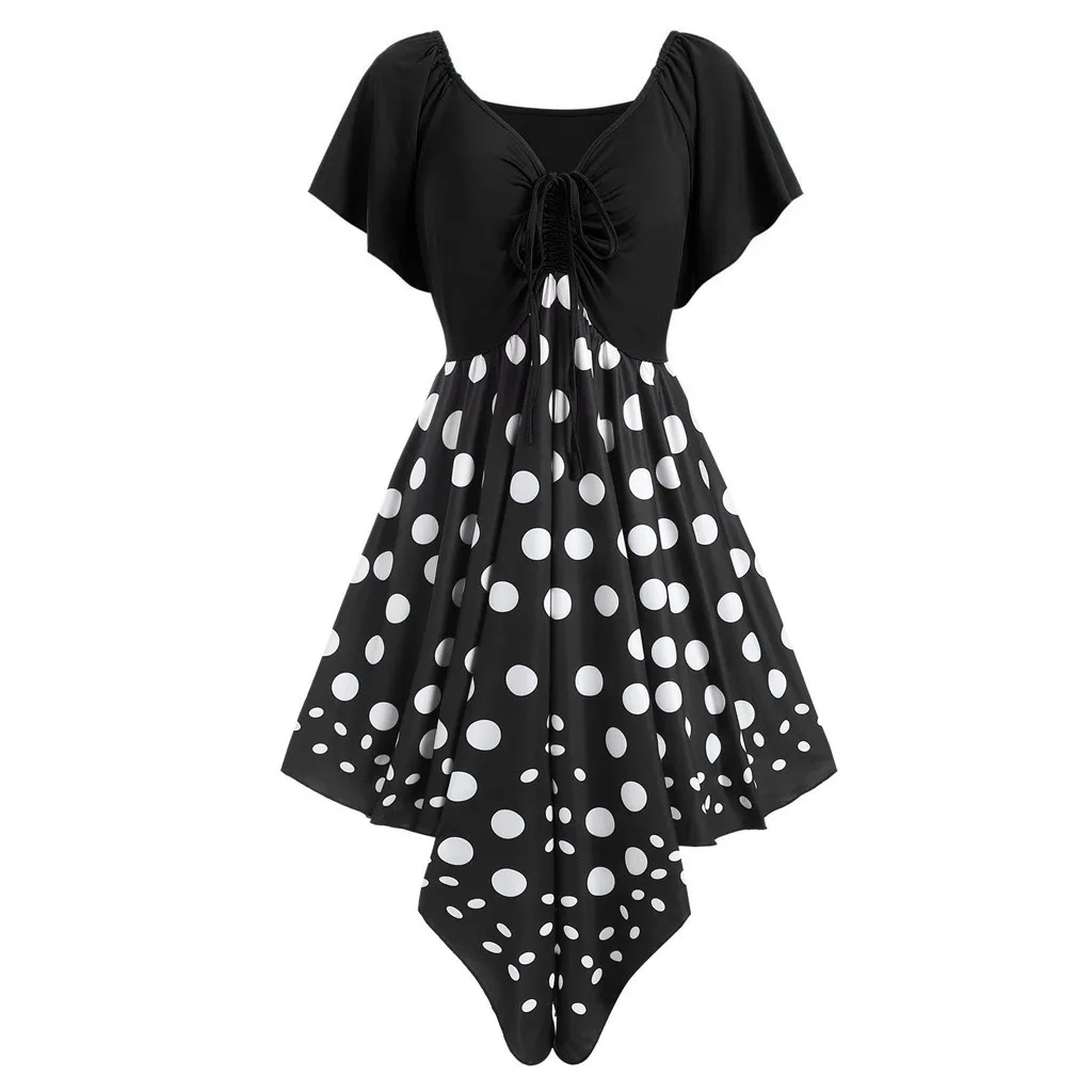 Женское модное платье в горошек с короткими рукавами и рюшами летнее женское