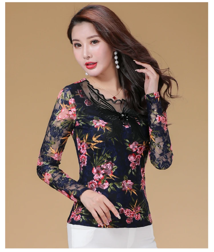 Blusas mujer de moda, кружевная блузка с низким воротником, рубашка с длинным рукавом, Женские топы и блузки, Повседневная облегающая одежда 1453 45