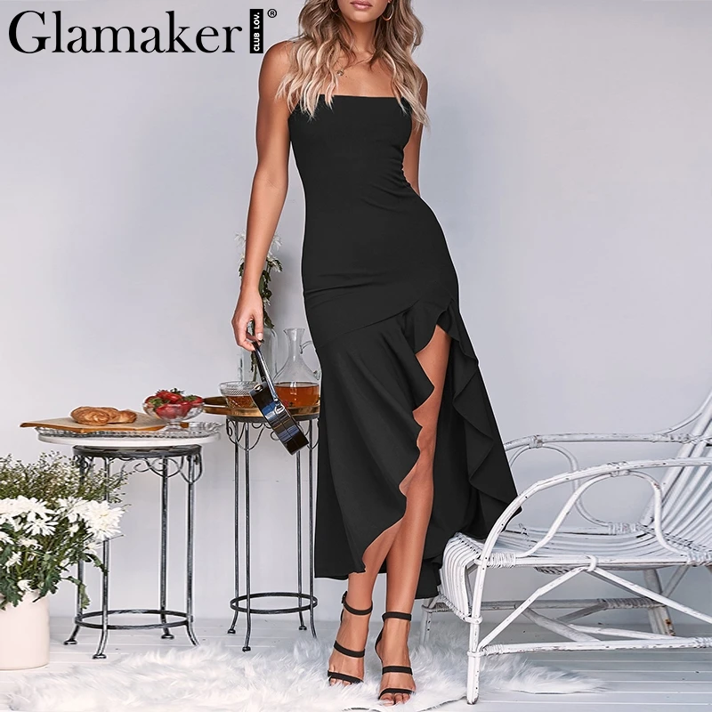 Женское длинное платье с высокой талией Glamaker черное вечернее рюшами и открытой