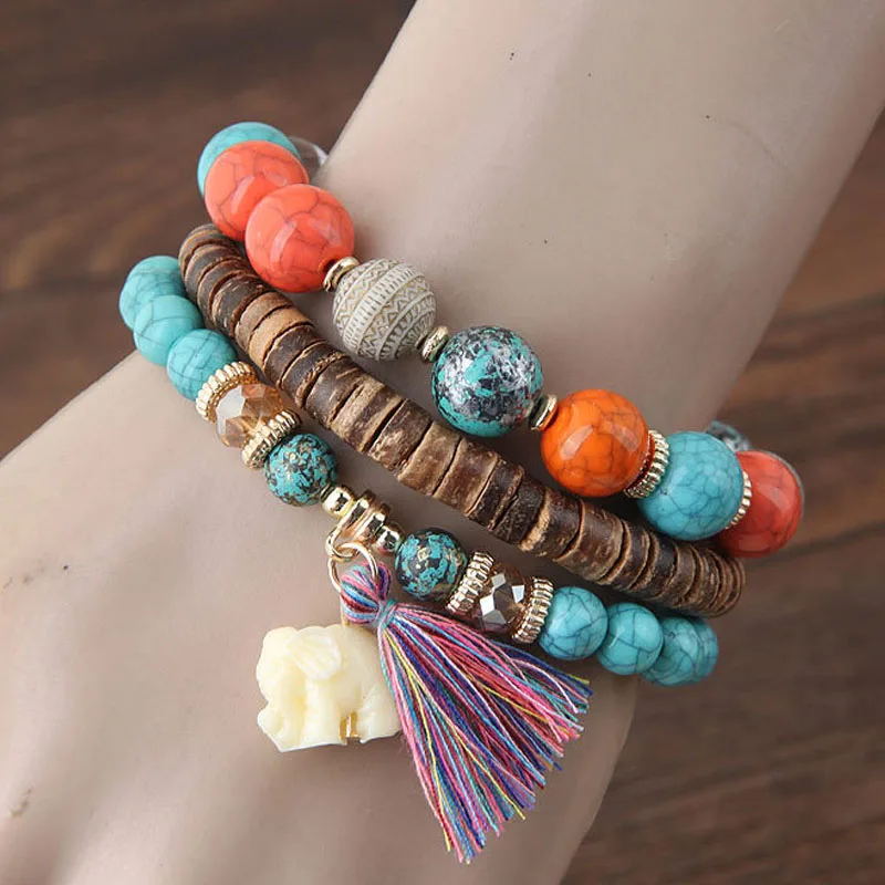 3 шт. браслет в стиле бохо Винтаж Браслет из деревянных бусин многослойная