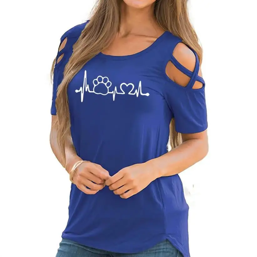 

New Fashion Dog Paw Animal Print T-Shirt For Women Bandage Off Shoulder Top T-Shirt Female Plus Size Streetwear Graphic Tees