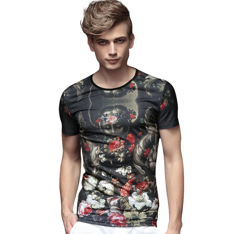 FANZHUAN Featured Brands Clothing Summer Mens Casual T Shirts Flower Print For Man's Short Sleeve Slim T-Shirts Male Tops Tee | Мужская