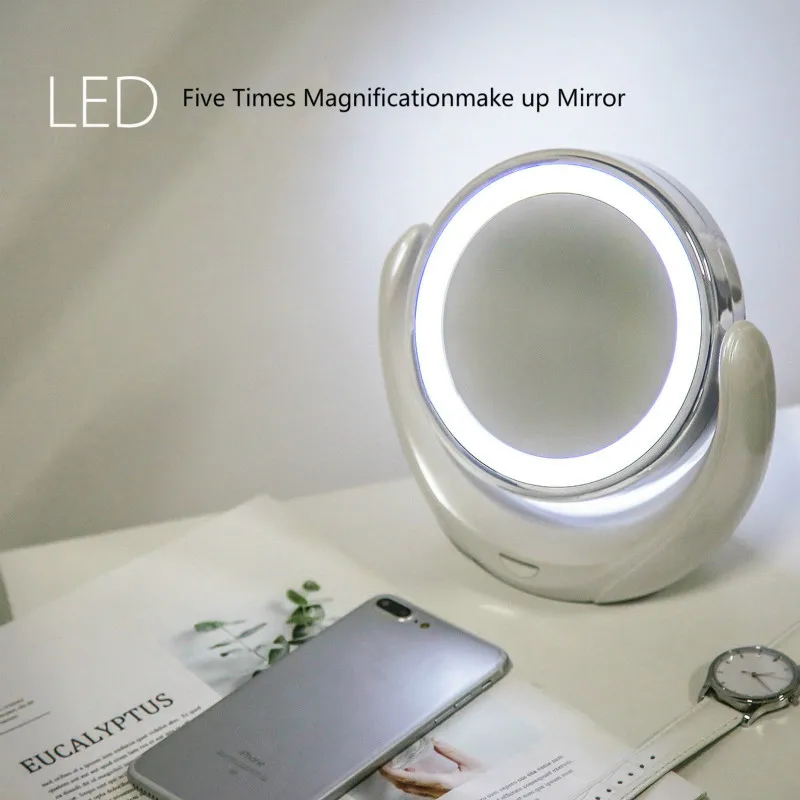 Зеркало для макияжа с двойным HD пятикратным увеличением вращающийся настольный