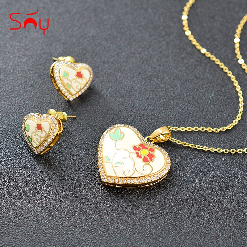 Sunny Jewelry Romantic Heart Set For Women Earrings Necklace Pendant Cubic Zirconia Enamel Wedding Gift | Украшения и аксессуары