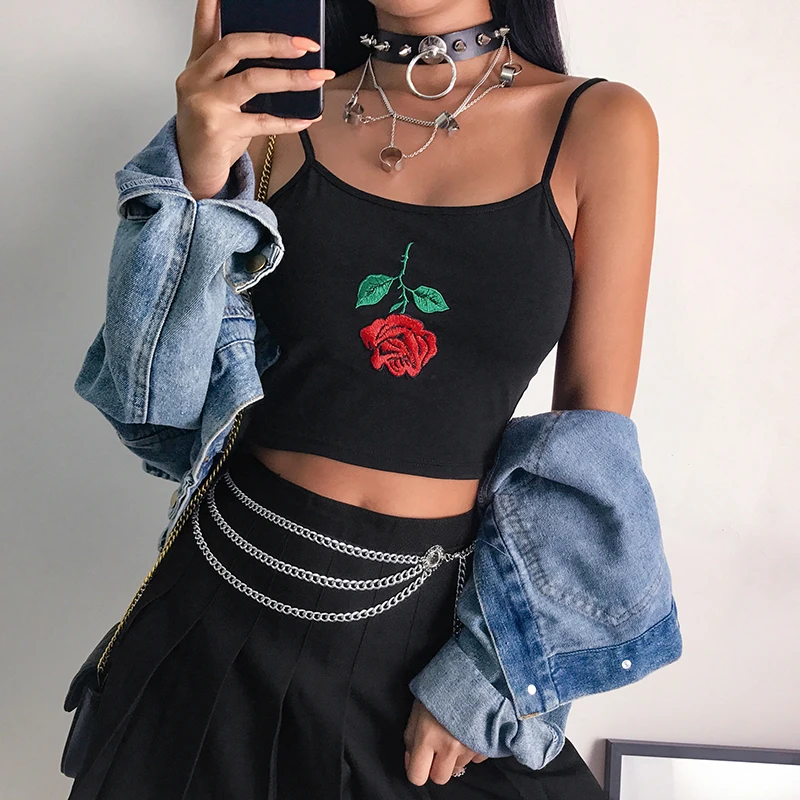 Sweetown, модный, сексуальный, на тонких бретельках, милый женский короткий топ, Verano,, Mujer, черный, с цветочной вышивкой, укороченные, женские летние топы