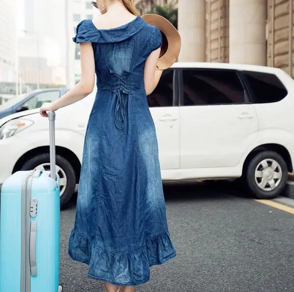 Женское длинное джинсовое платье-Русалка летнее платье-макси из денима с