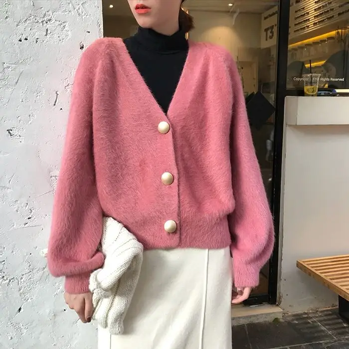Oversized Faux Mink Cardigan Women 2020 Autumn Winter Outerwear V-Neck Kardigan Clothes Jumper Pull Femme Loose Sweater |