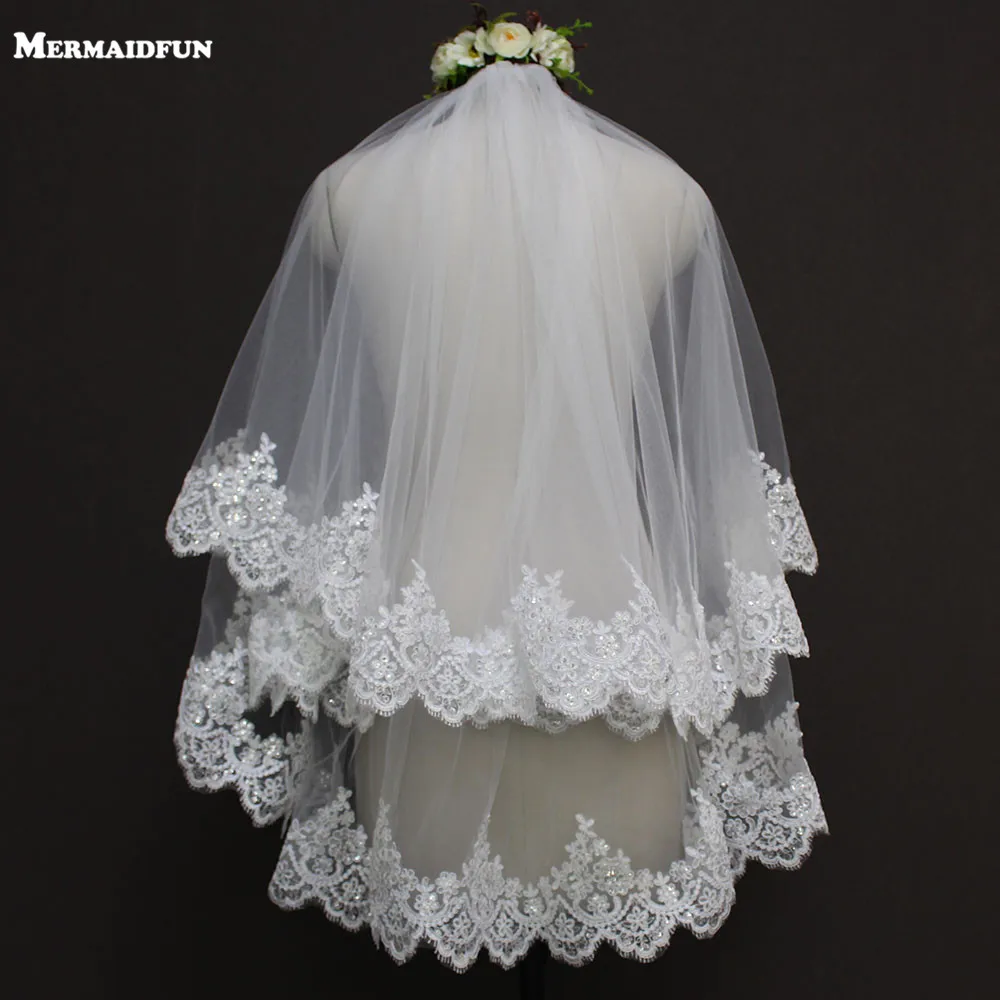 

Real Photo Sparkling Sequins Lace 2 Layer Short Wedding Veil Cover Face with Blusher Bridal Veil Velo De Novia