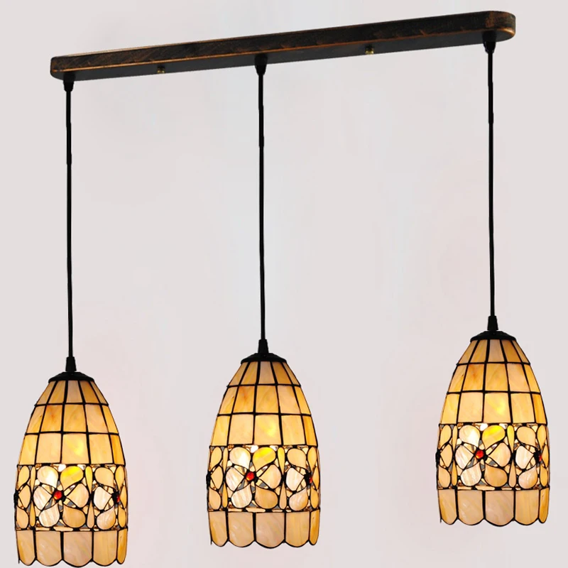 

European Retro Tiffany 3-light Flower Chandelier Lighting Fixture E26/E27 Bulb Vintage Shell Stained Glass Suspension Lamp PL584