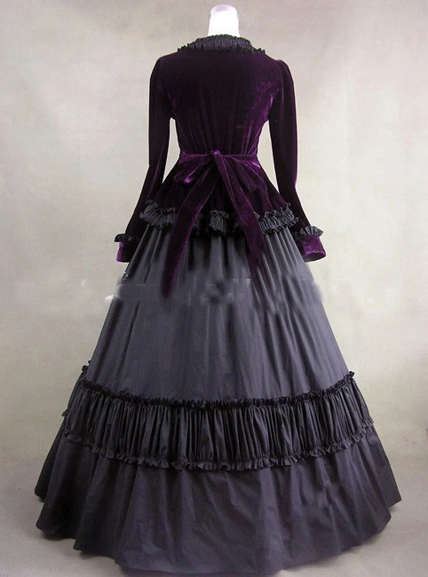 2017 Совершенно новое элегантное пурпурное и черное платье с длинным рукавом винтажного средневекового стиля, готическое викторианское бальное платье на Хэллоуин.