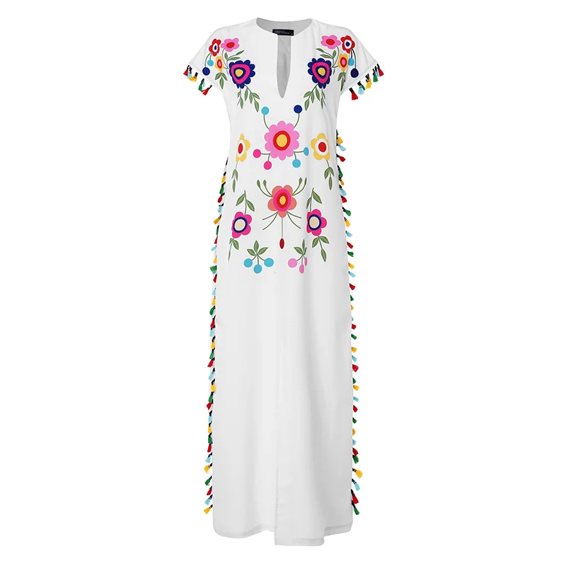 Белый ZANZEA Plus Size Bohemian Floral Printed Sundress Women Summer Short Sleeve Split Hem Long Vestido Robe Casual Tassels Dress - Цвет: Белый