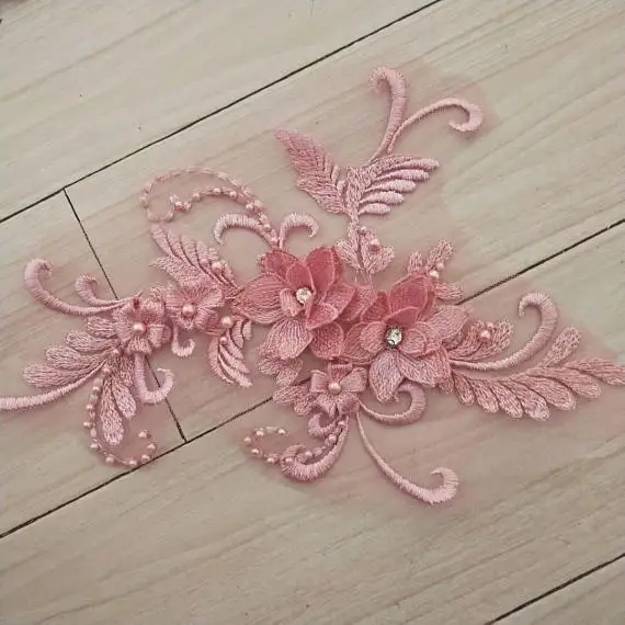 pink Телесно-розовые тяжелые бисерные Кружева с аппликацией, 3D Кружевная аппликация с жемчугом, 3d Цветочная аппликация, тяжелая аппликация вышитый цветок - Цвет: pink