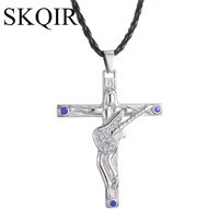 skqir clear blue zircon johnny hallyday guitar cross necklace for men women jewelry leather chain kolye christian crucifix gift