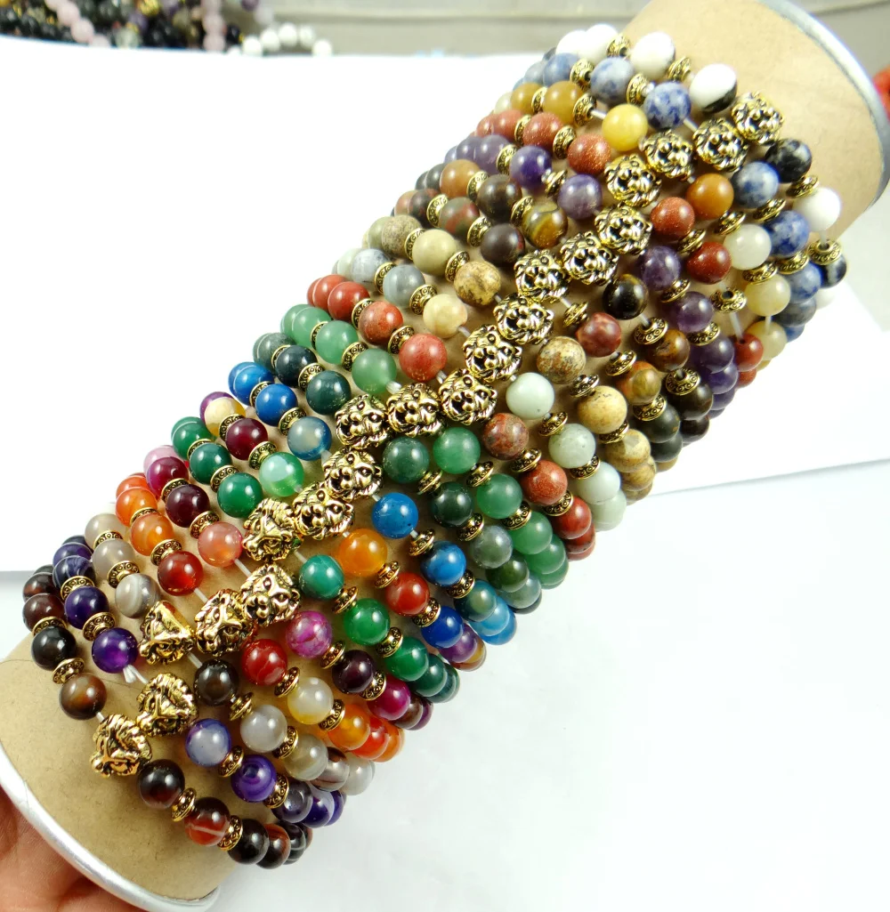 Fashion 8MM Natural Stone Bracelets For Women Men Tiger Eyes Agates Gold Lions head Beaded | Украшения и аксессуары