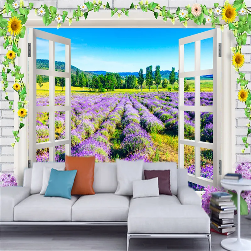

3D Custom Photo Wallpapers Nature Landscape Wall Mural Romantic Lavender Flowers Window for Living Room TV Backdrop Home Decor