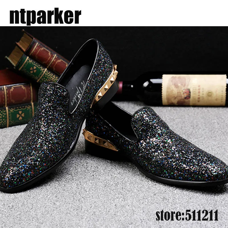 ntparker brand men italian Style leather shoes dress Pointed toe sapatos homens wedding Flats Black Blue Rhinestones | Обувь
