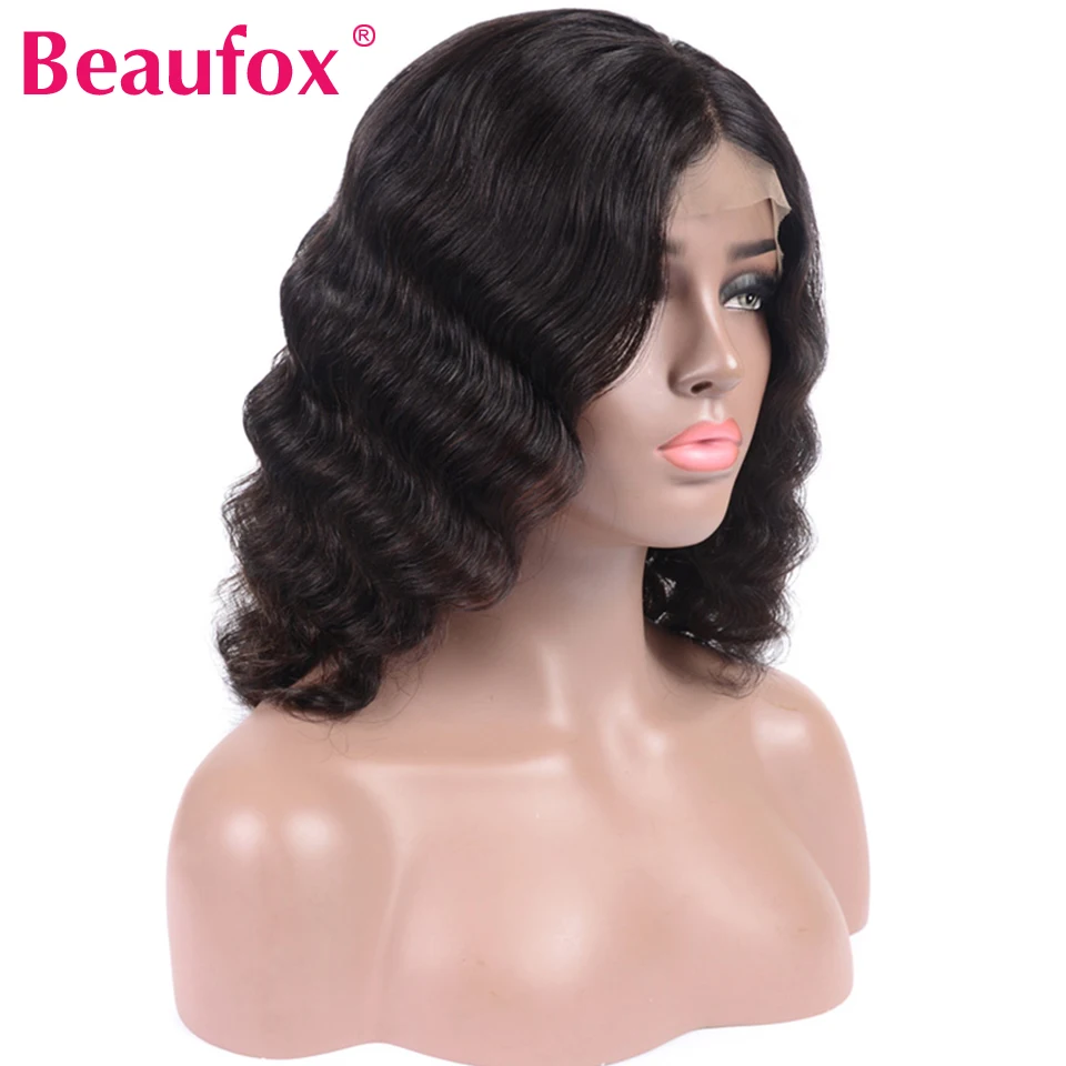 Beaufox 13x4 Короткие парики из натуральных волос на кружеве для черных женщин 150% предварительно сорванные волнистые парики из перуанских волос Remy