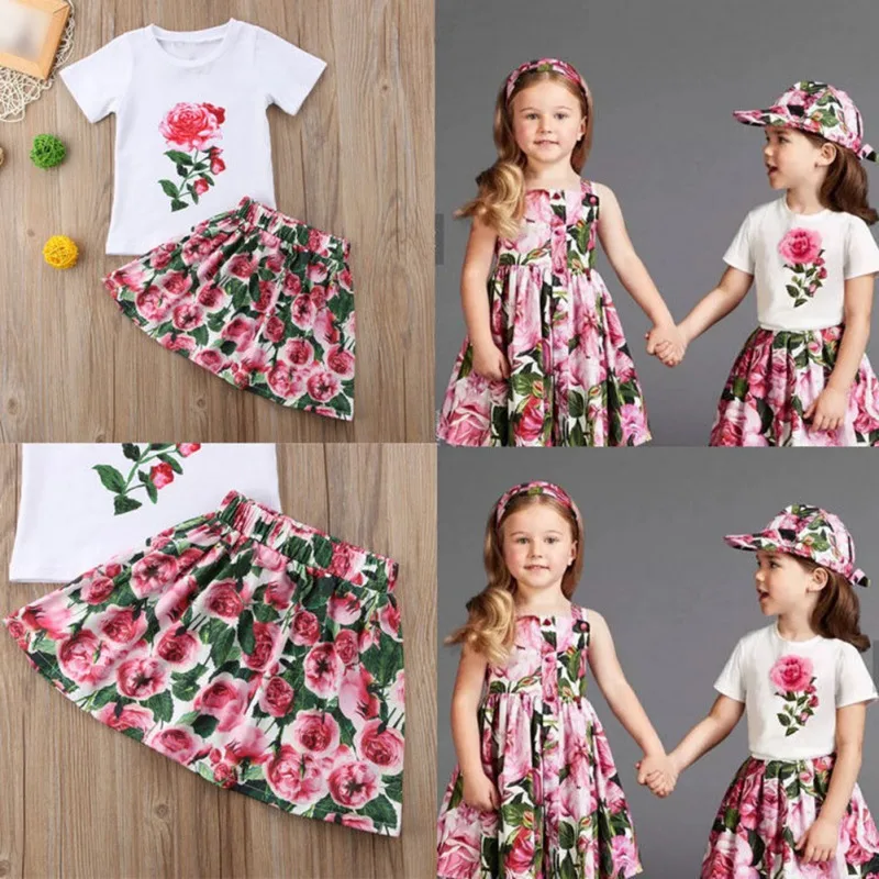 Комплекты для девочек лето 2019 модная футболка маленьких шорты юбка комплект с