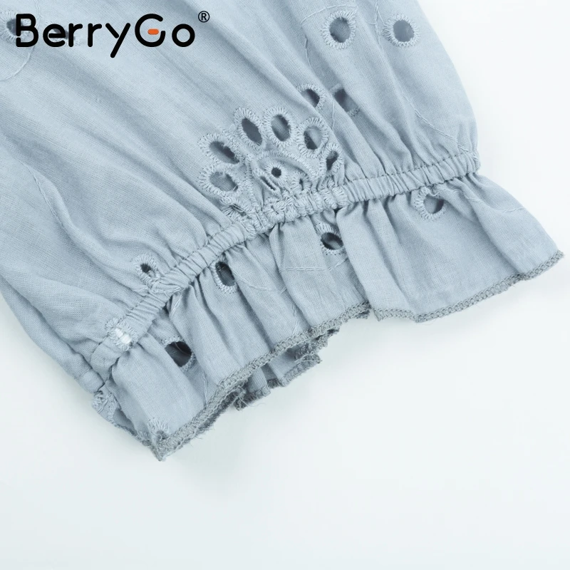 Женское платье BerryGo с v-образным вырезом, однотонное, с вышивкой, хлопковое, с вырезом, с коротким рукавом, с буфами, Пляжное летнее платье, повседневное, с высокой талией, короткое платье