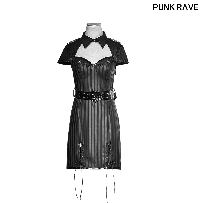 Fashion Military Striped PU Uniform Casual dresses Gothic Punk Women Novelty Halloween Christmas Dress PUNK RAVE Q-305 | Женская одежда