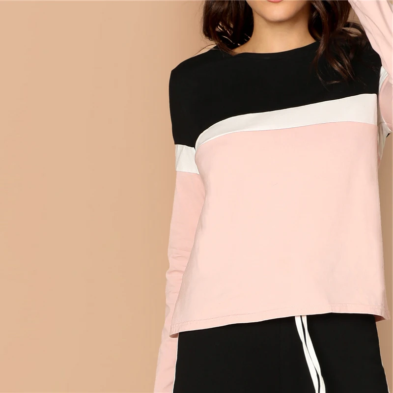 SHEIN Контрастный Топ И Брюки Комплект Женский Весенний Многоцветный Спортивный Топ С Длинными Рукавами И Брюки Комплект