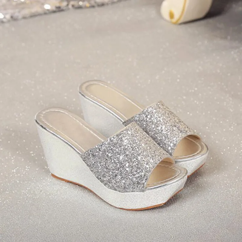 HEVXM Sandals Plataform 2018 Glitter Bling Gold Metallic High Heels Women Slippers Wedge Peep Toe Shoes Summer | Обувь