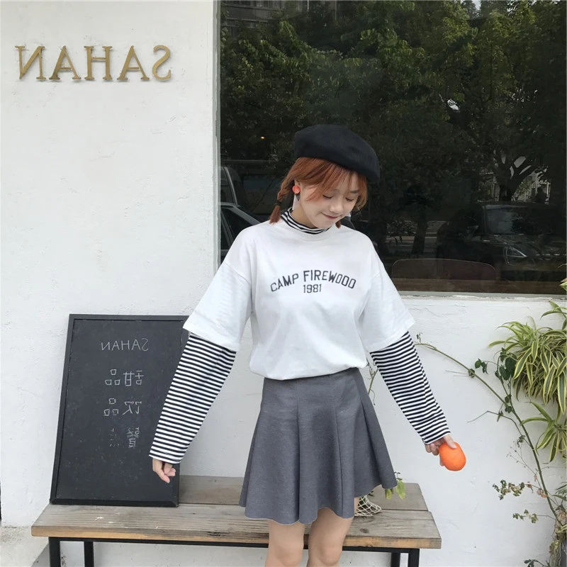 Весна harajuku полосатая Лоскутная футболка половина водолазка футболки осенние