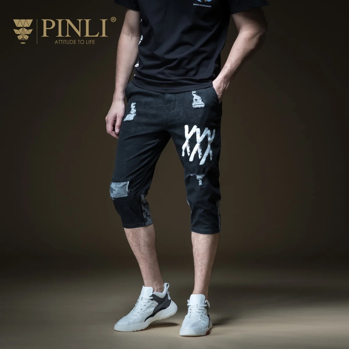 Джинсы с фальшивым дизайном Новинка лета 2019 мужские украшения рваные джинсовые