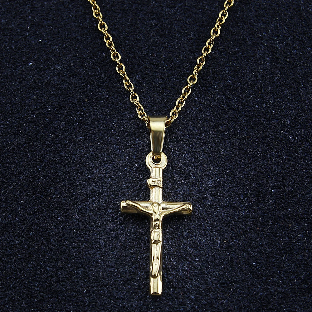 

Christmas Jewelry Charm Gold Tone Stainless Steel Clavicle Necklaces Sacred Jesus Cross Design Pendant Necklace With Link Chain