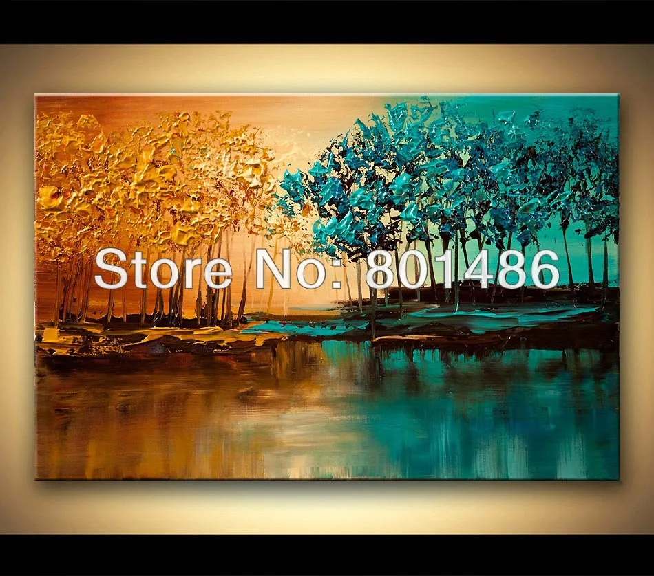

Modern abstract oil painting blooming trees Blue And Golden landscape wall decor wholesale textured picture for living room