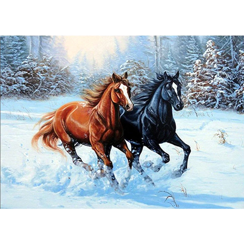 

5D Diy Алмазная картина снег две лошади круглый горный хрусталь Алмазная вышивка ручной с инкрустацией мозаика Вышивка крестом ремесла